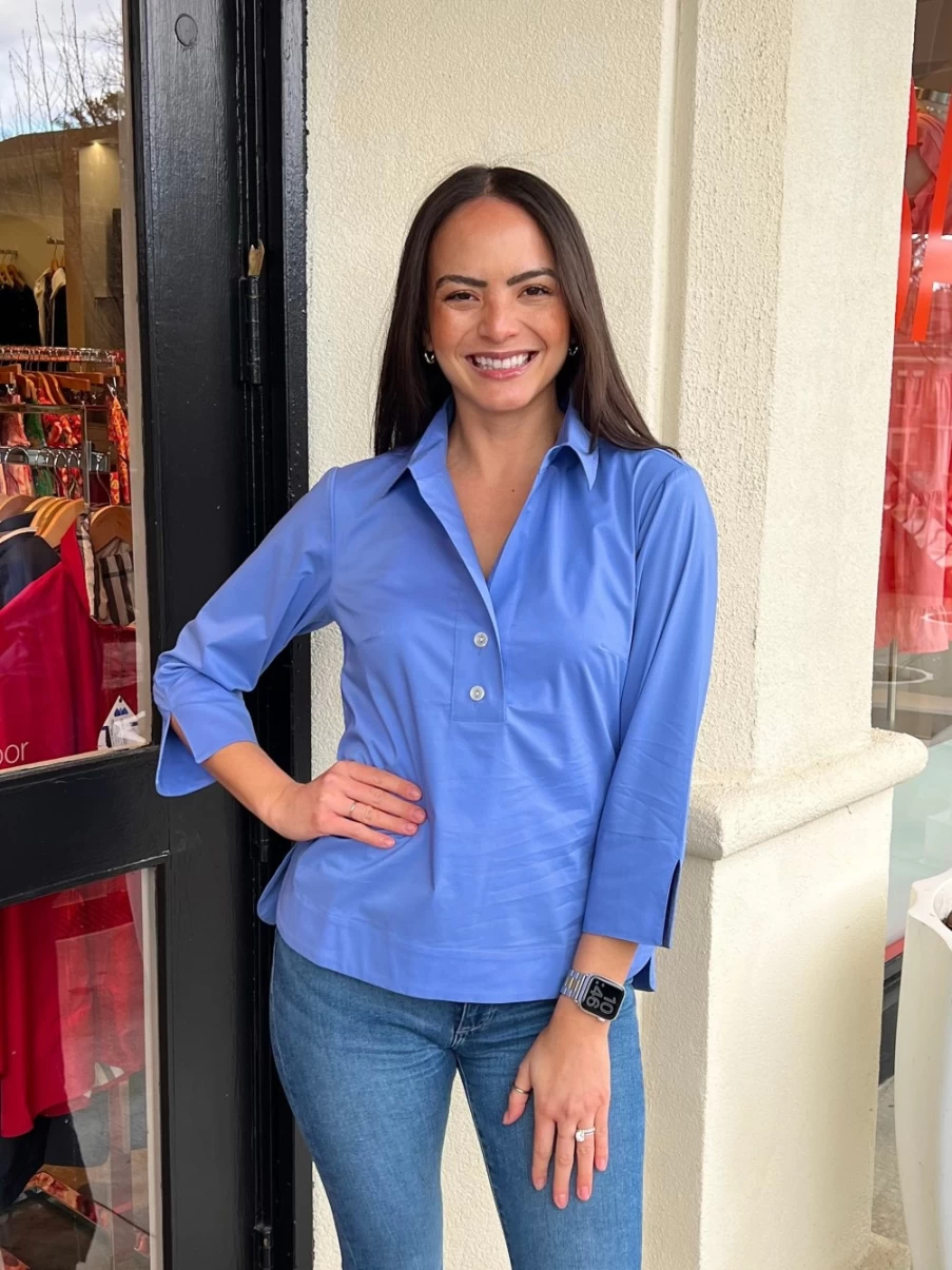 HINSON WU Women's Sky Blue 3/4 Sleeve Aileen Blouse - Elegant Casual Tops