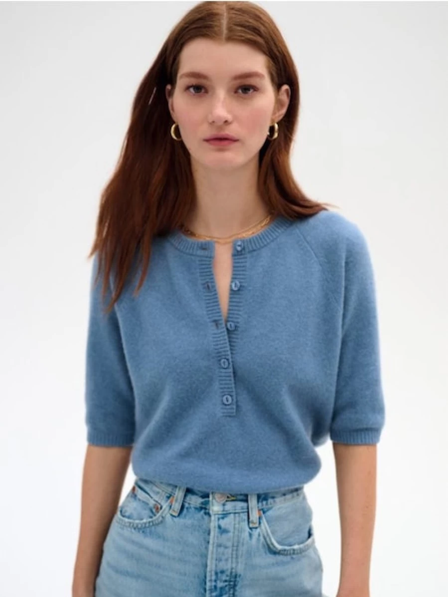 "WHITE AND WARREN Blue Thistle Cashmere Henley Sweater for Men & Women | Luxury Soft Knit"