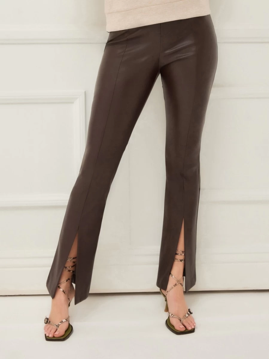 FIFTEEN TWENTY Women's High-Waisted Brown Front Slit Pants - Elegant Wide Leg Trousers with Side Split Detail