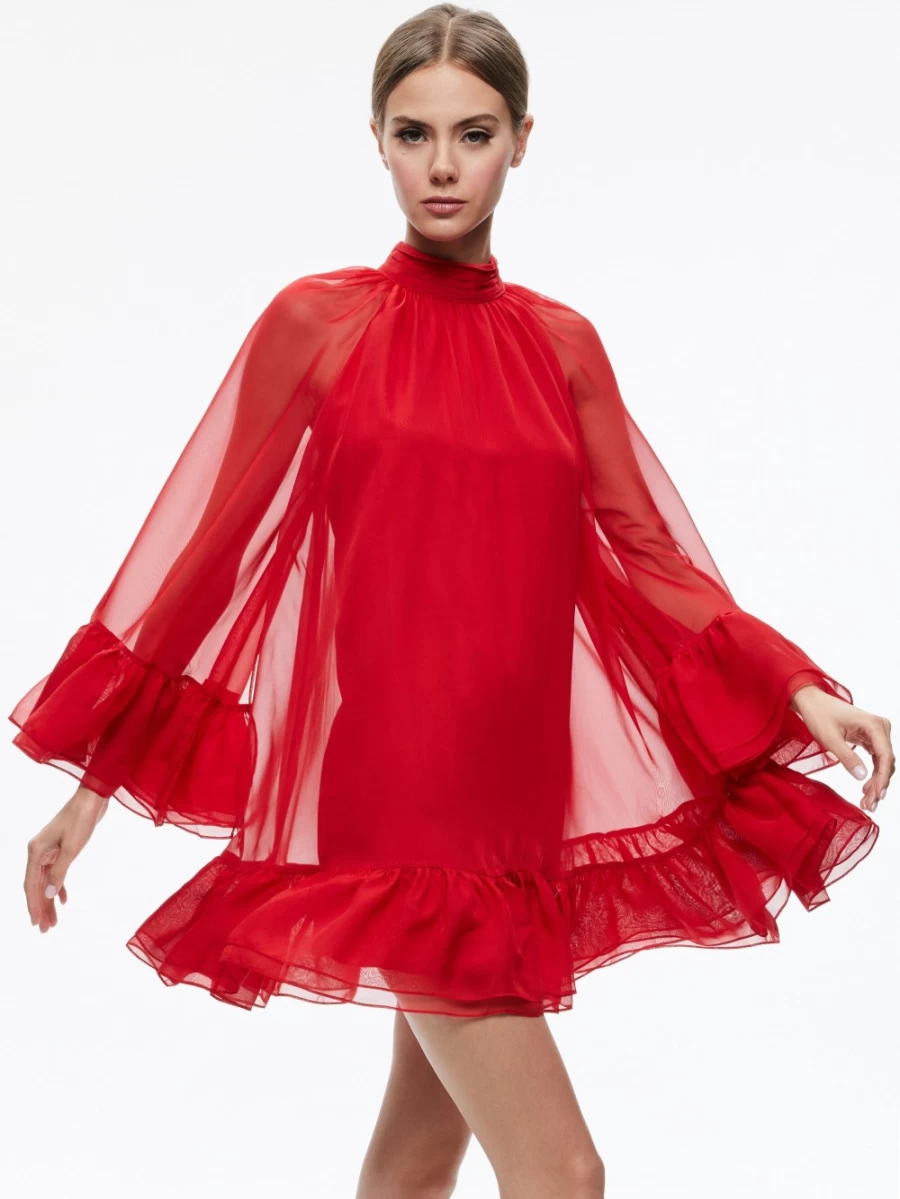 ALICE OLIVIA Erna Cape Sleeve Red Dress - Women's Fashion Elegant Cape Dress