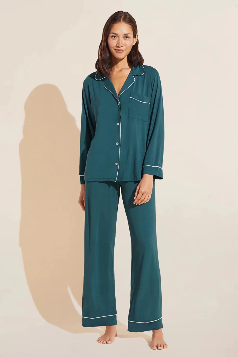 EBERJEY Gisele Long Pajama Set in Evergreen and Ivory - Women's Sleepwear