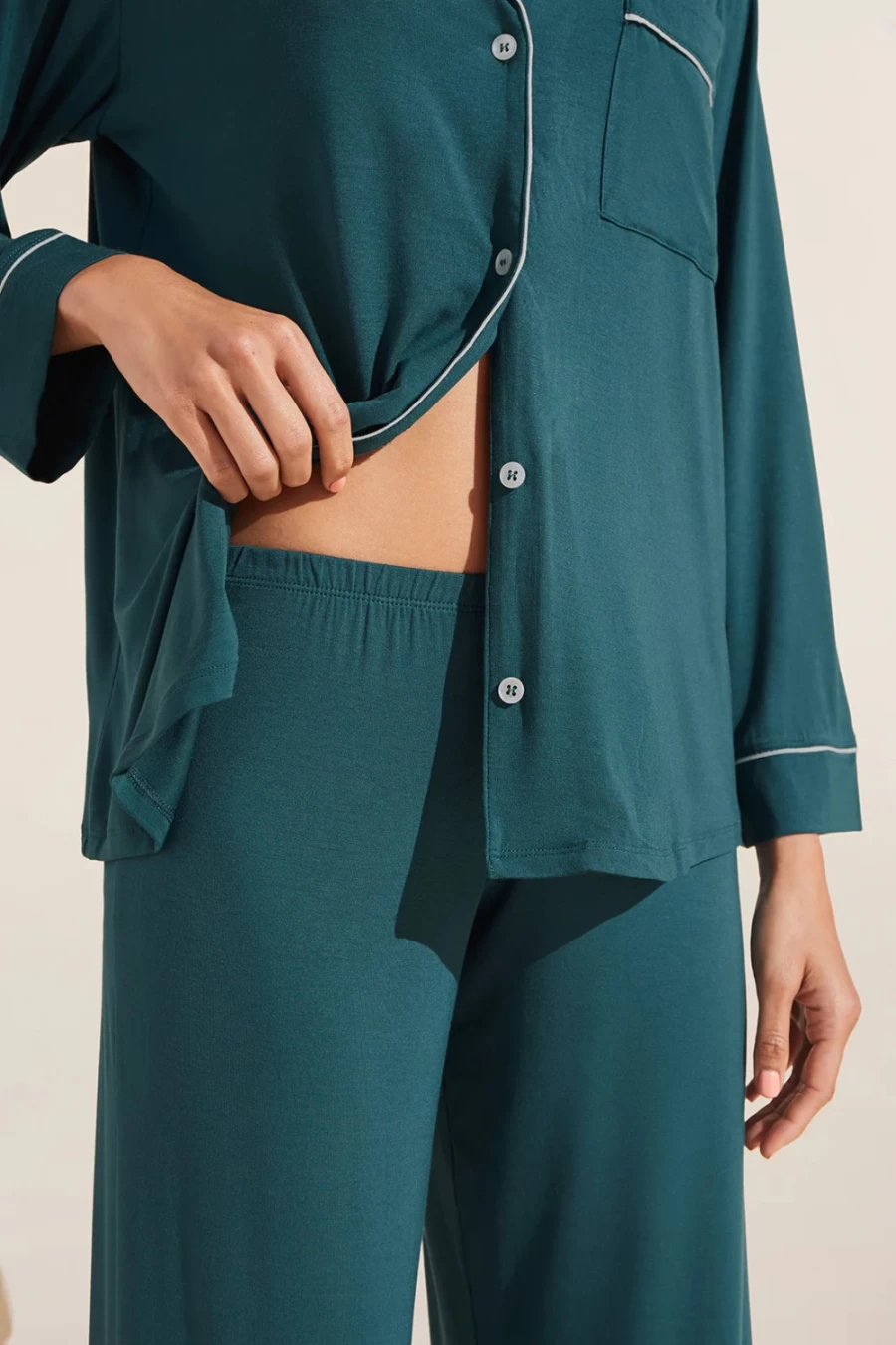 EBERJEY Gisele Long Pajama Set in Evergreen and Ivory - Women's Sleepwear