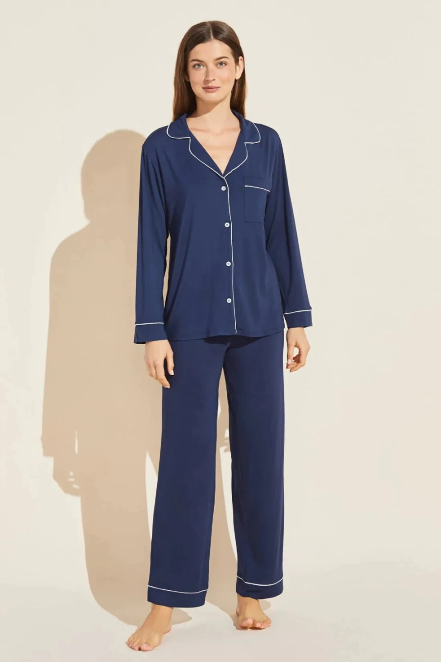 EBERJEY Gisele Long Navy Ivory Pajama Set - Women's Sleepwear