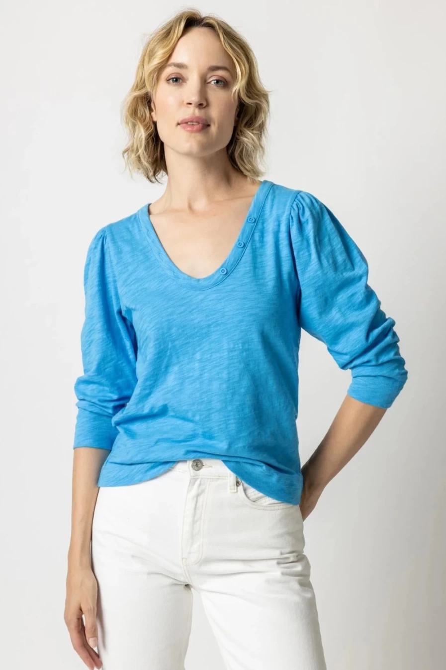 LILLA P Dutch U-Neck 3/4 Sleeve Button Tee - Final Sale Women's Top