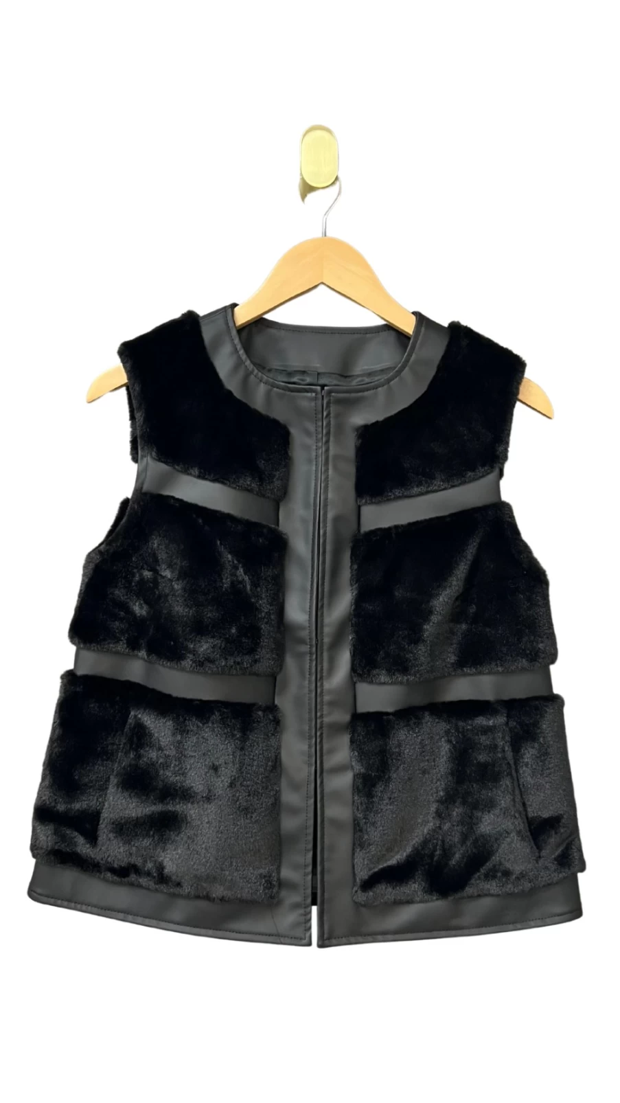 GLAMOURPUSS Black Vegan Leather Trim Faux Fur Vest for Women