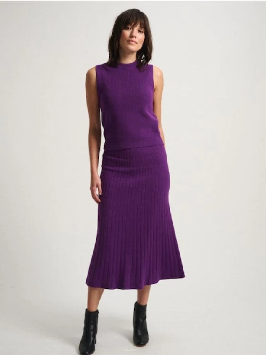 WHITE AND WARREN Deep Verbena Ribbed A-Line Skirt - Women's Stretchy Midi Skirt