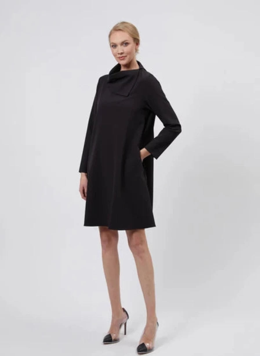 "ESTELLE AND FINN Navy Blue Asymmetrical Collar Dress - Elegant Women's Fashion"