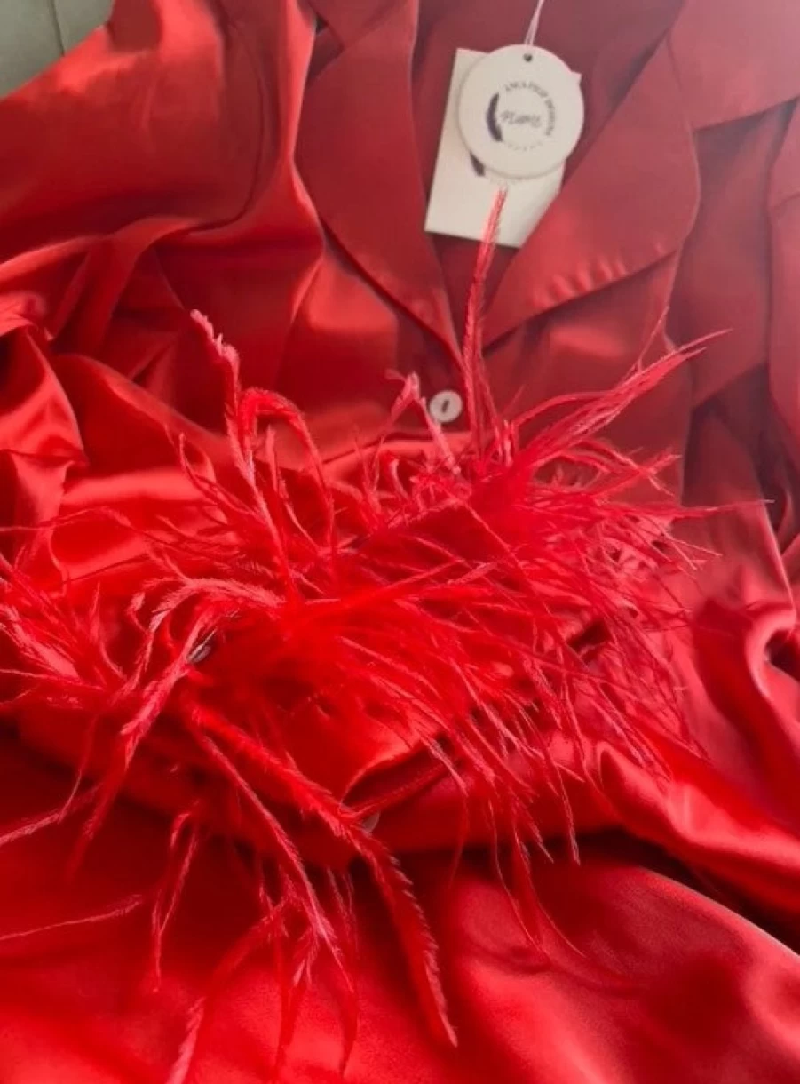 "Plume Red Feather Satin Pajamas for Women - Luxurious Comfort Sleepwear"