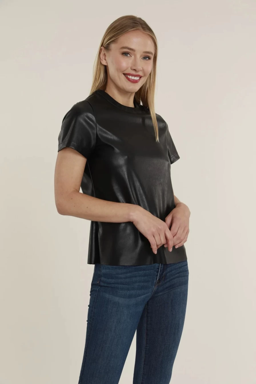 DOLCE CABO Black Vegan Leather T-Shirt for Men & Women - Eco-Friendly Faux Leather Top