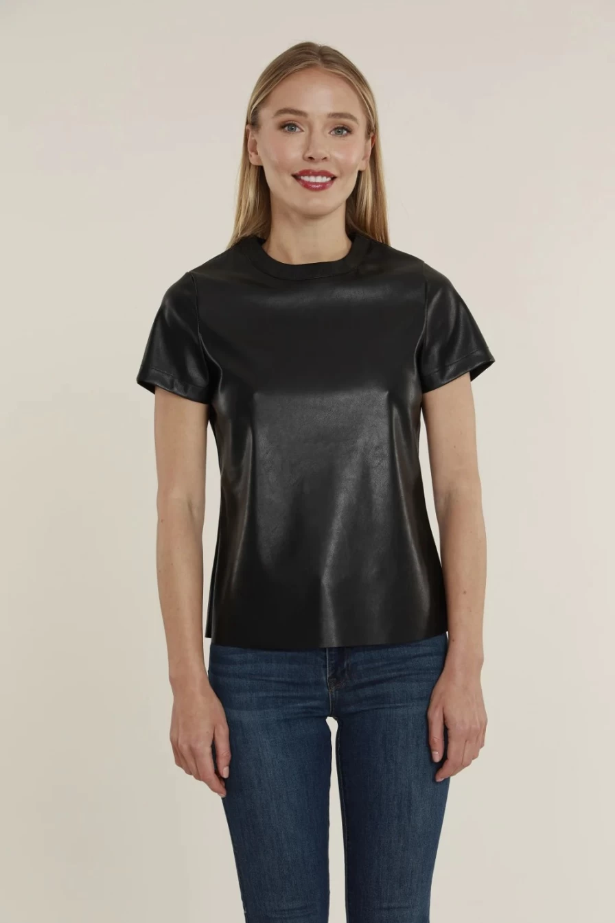DOLCE CABO Black Vegan Leather T-Shirt for Men & Women - Eco-Friendly Faux Leather Top