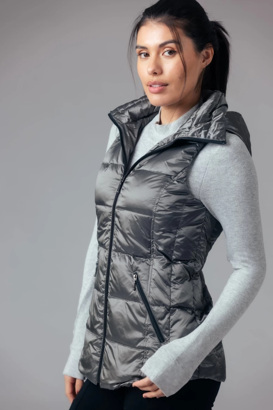 ANORAK Sterling Grey Metallic Hooded Puffer Vest - Lightweight Insulated Winter Jacket