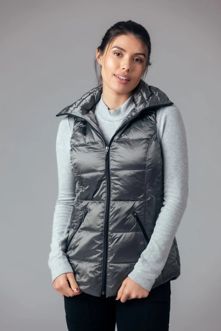ANORAK Sterling Grey Metallic Hooded Puffer Vest - Lightweight Insulated Winter Jacket