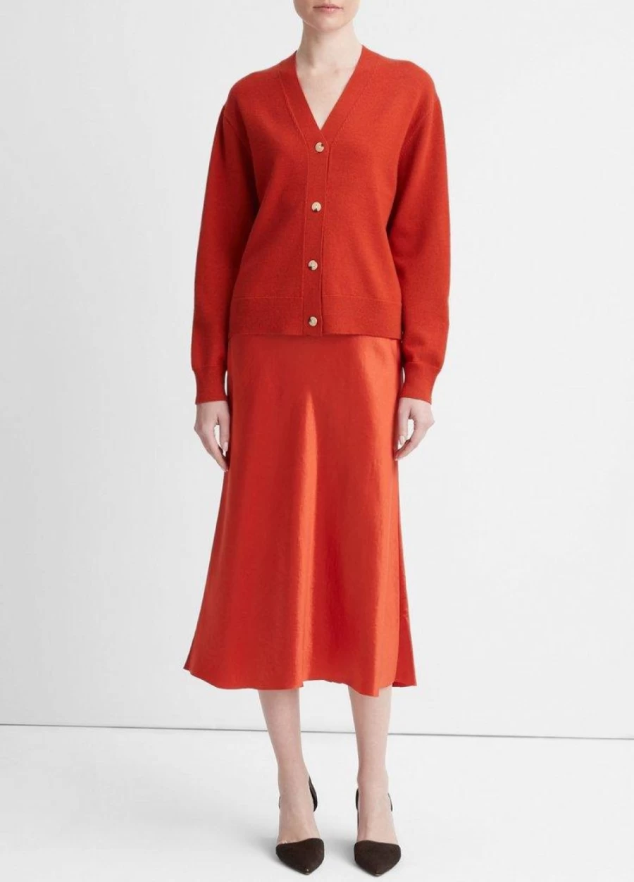 VINCE Wool-Cashmere Blend High Neck Button Front Cardigan Sweater in Vermillion Red