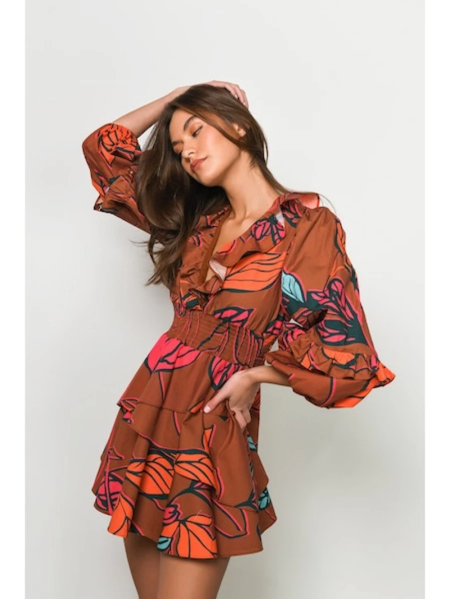 HUTCH Women's Breonna Copper Leaves Print Dress - Elegant Floral Summer Dress