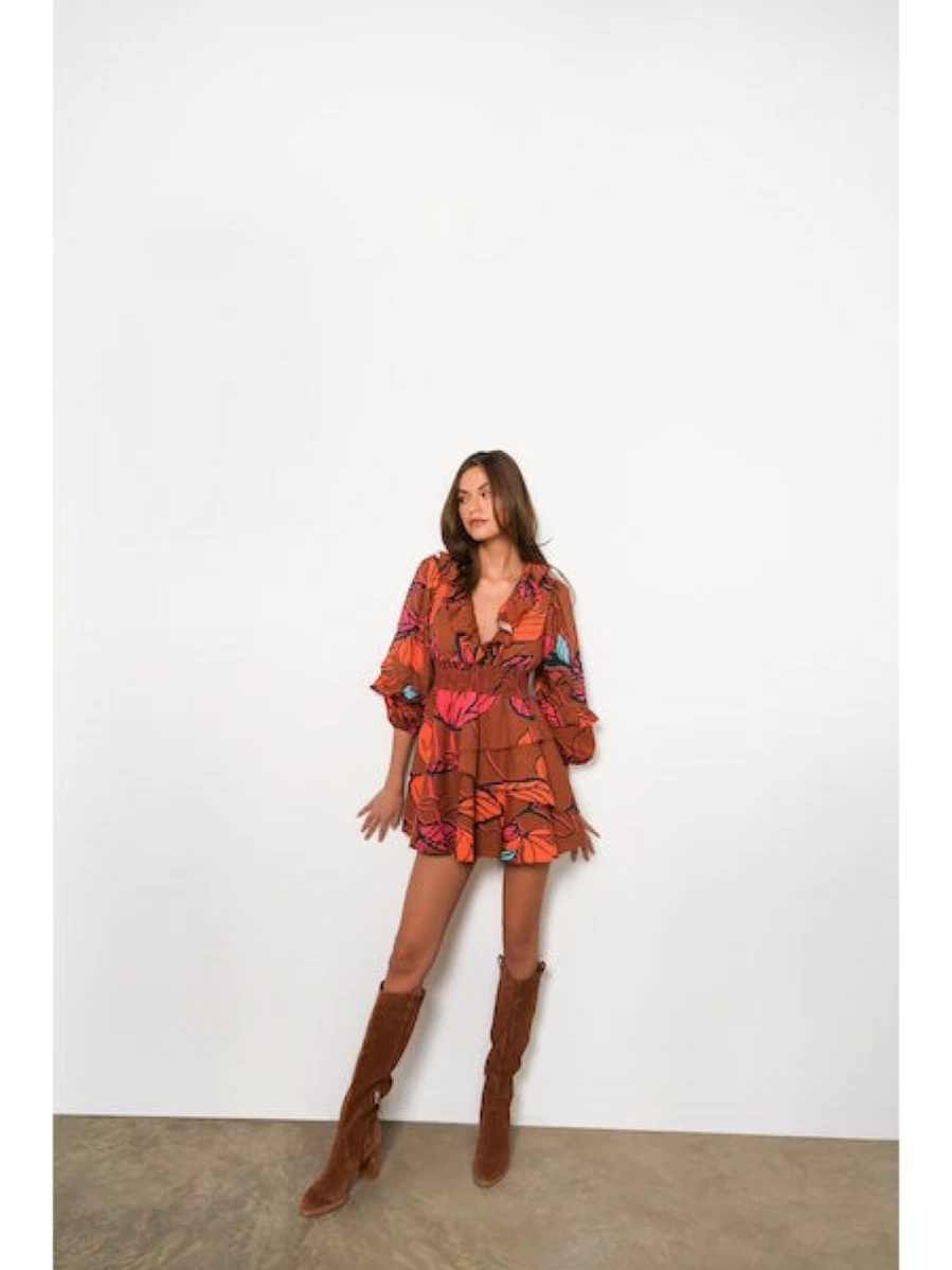 HUTCH Women's Breonna Copper Leaves Print Dress - Elegant Floral Summer Dress