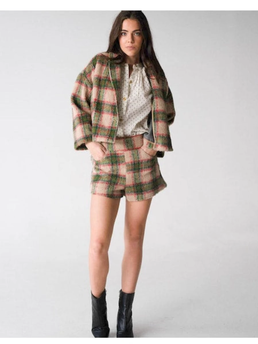 "NEVER A WALLFLOWER Plaid Mohair Shawl Collar Cropped Jacket - Women's Stylish Winter Coat"