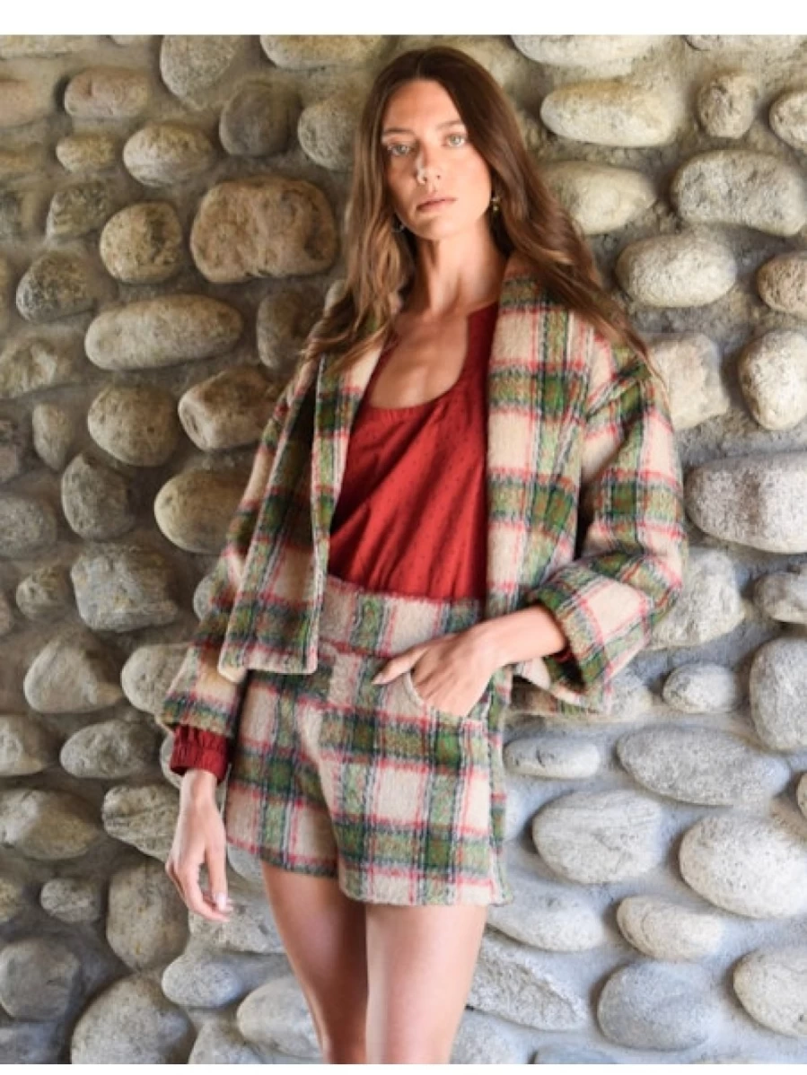 "NEVER A WALLFLOWER Plaid Mohair Shawl Collar Cropped Jacket - Women's Stylish Winter Coat"