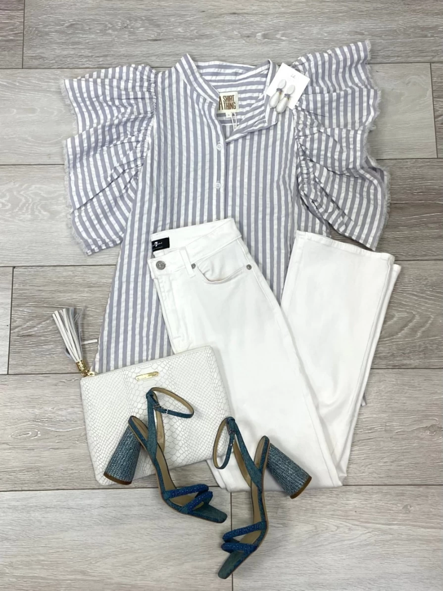 "A SHIRT THING Women's Steel & White Striped Blouse - Ava Stripe Top *Final Sale*"