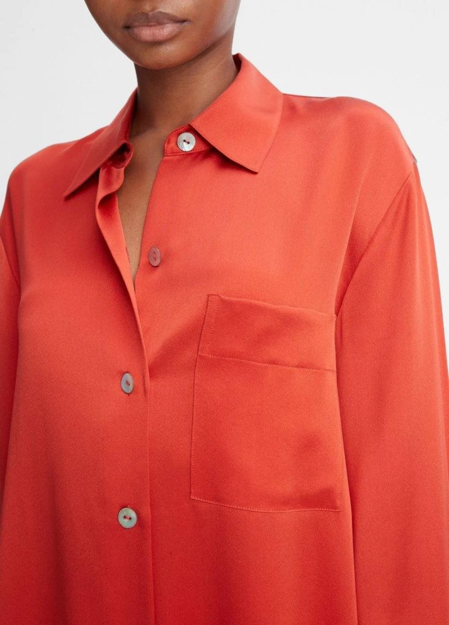 VINCE Women's Silk Blouse with Chest Pocket - Relaxed Fit Vermillion Red Top