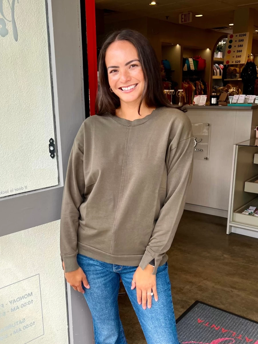 MOD-O-DOC Olive Split Cuff Pullover Top - Stylish Casual Knit Sweater