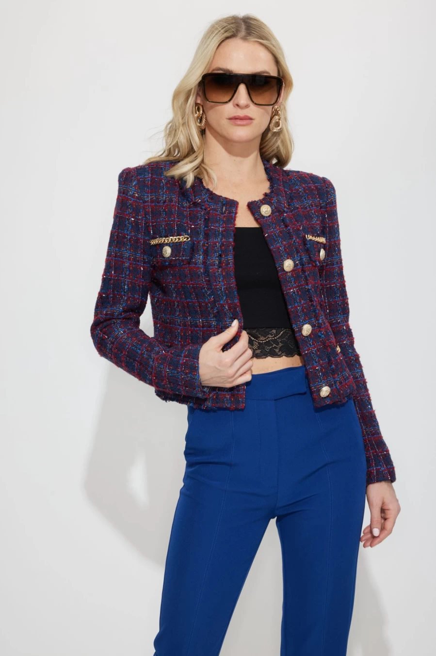 GENERATION LOVE Kristin Navy & Merlot Tweed Jacket - Women's Classic Fit Blazer