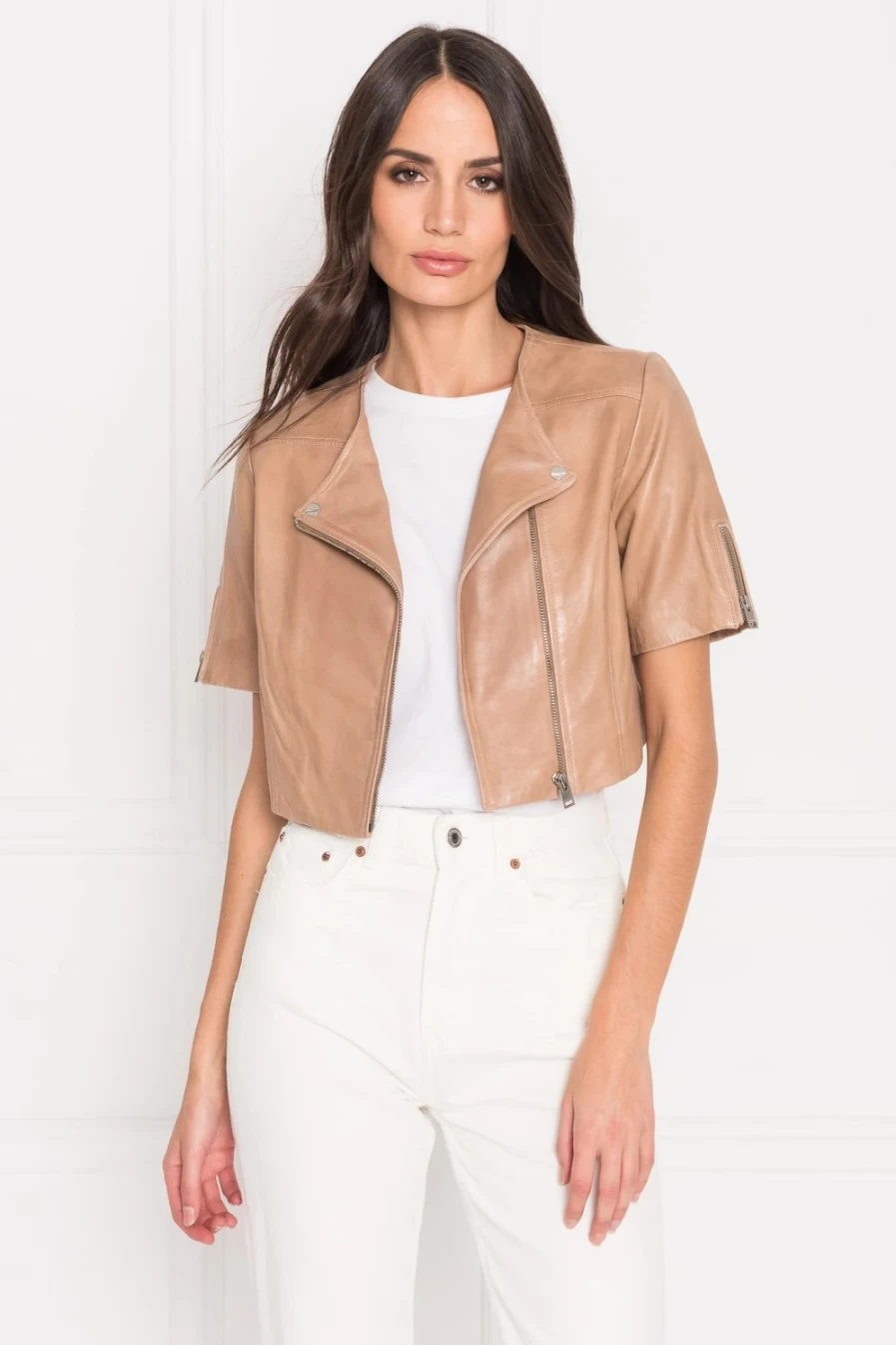 LAMARQUE Kirsi Camel Cropped Biker Jacket - Women's Vegan Leather Motorcycle Jacket
