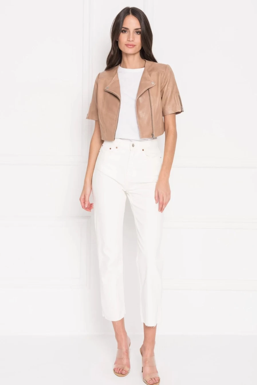 LAMARQUE Kirsi Camel Cropped Biker Jacket - Women's Vegan Leather Motorcycle Jacket