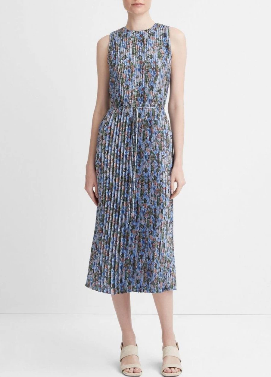 VINCE Pacific Blue Primrose Pintuck Pleated Dress for Women