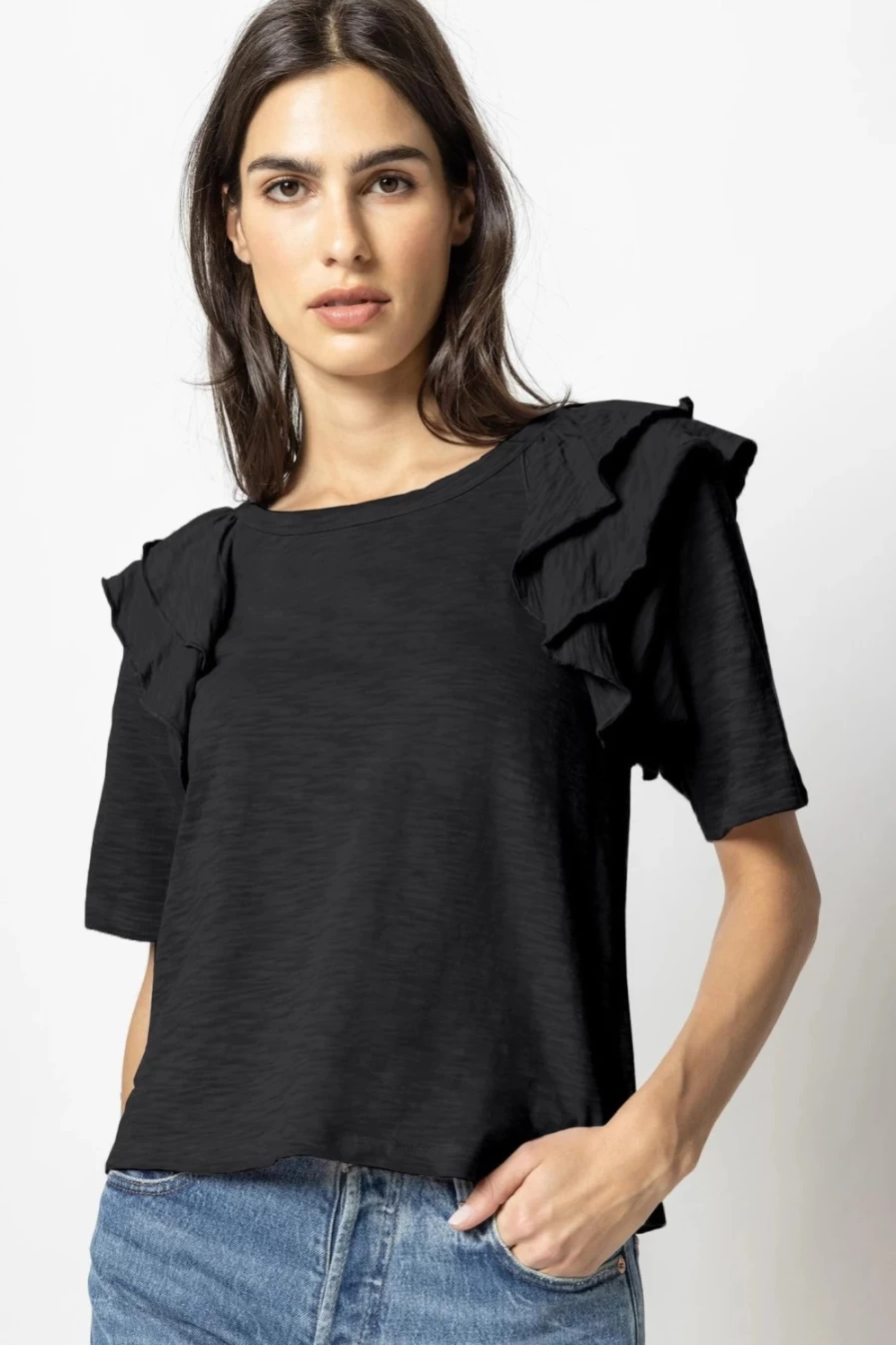 "LILLA P Black Ruffle Shoulder Crew Neck T-Shirt | Women's Fashion Top"