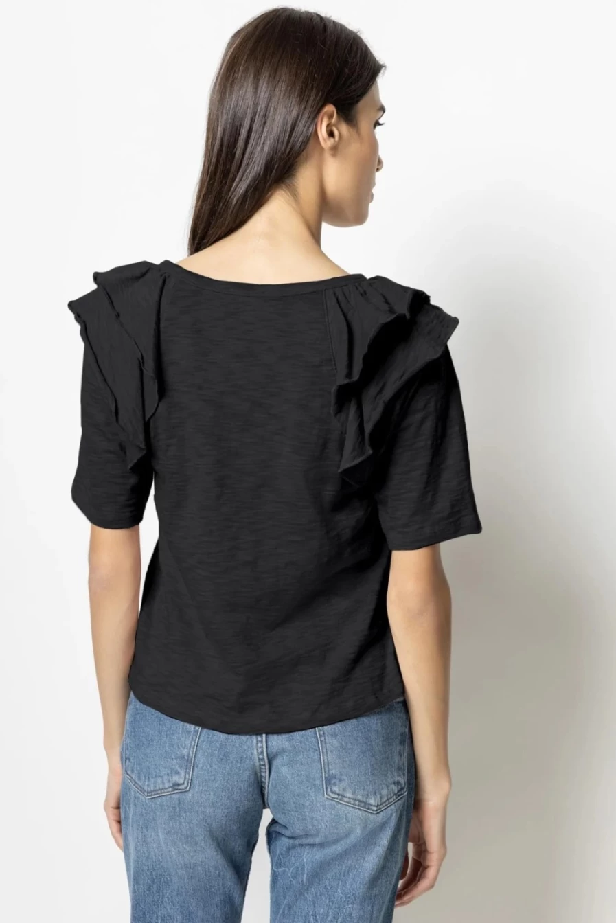 "LILLA P Black Ruffle Shoulder Crew Neck T-Shirt | Women's Fashion Top"