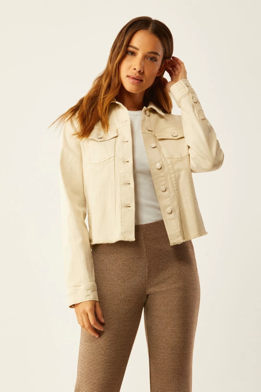 ECRU Distressed Sandstone Jean Jacket with Raw Hem for Men & Women