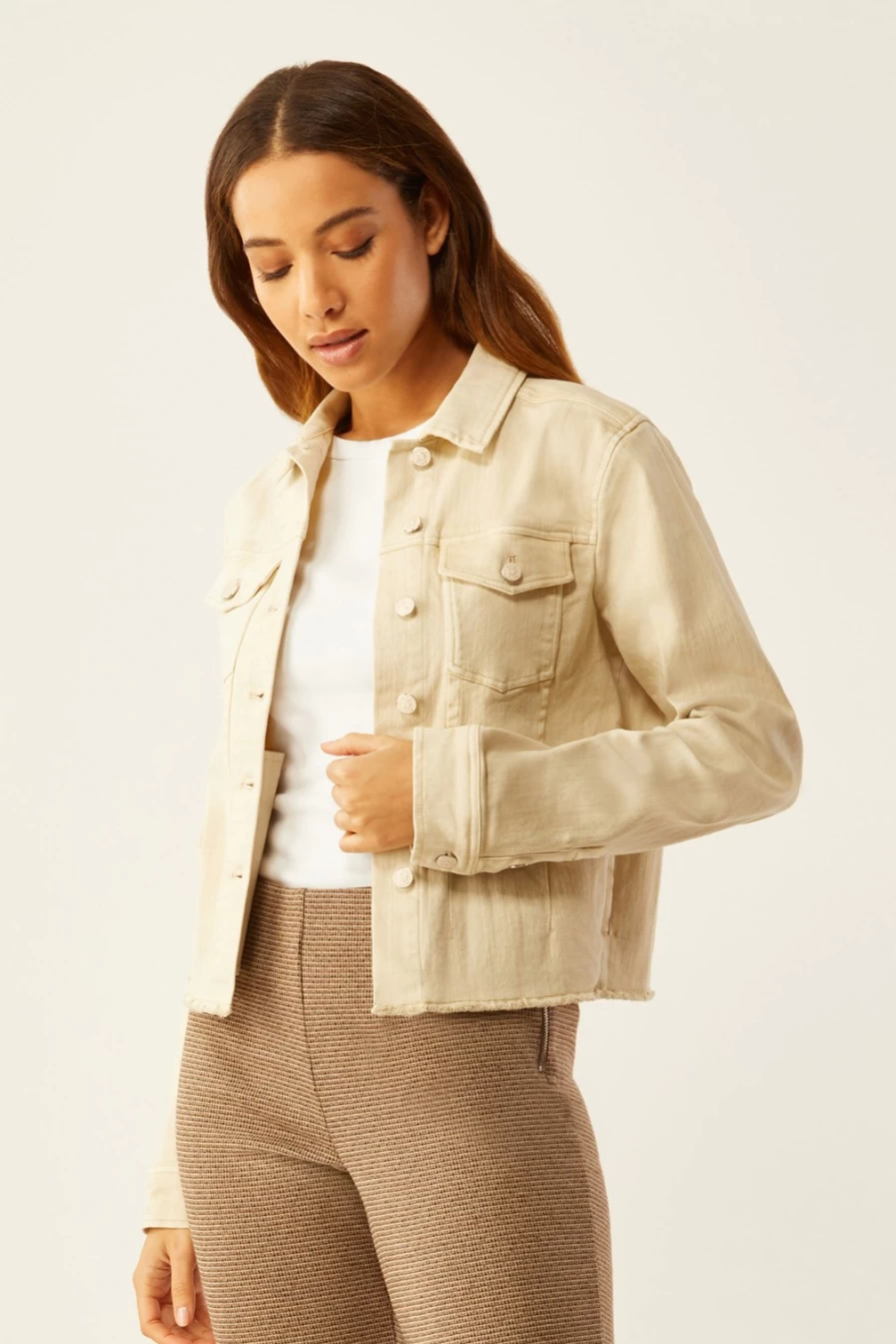 ECRU Distressed Sandstone Jean Jacket with Raw Hem for Men & Women