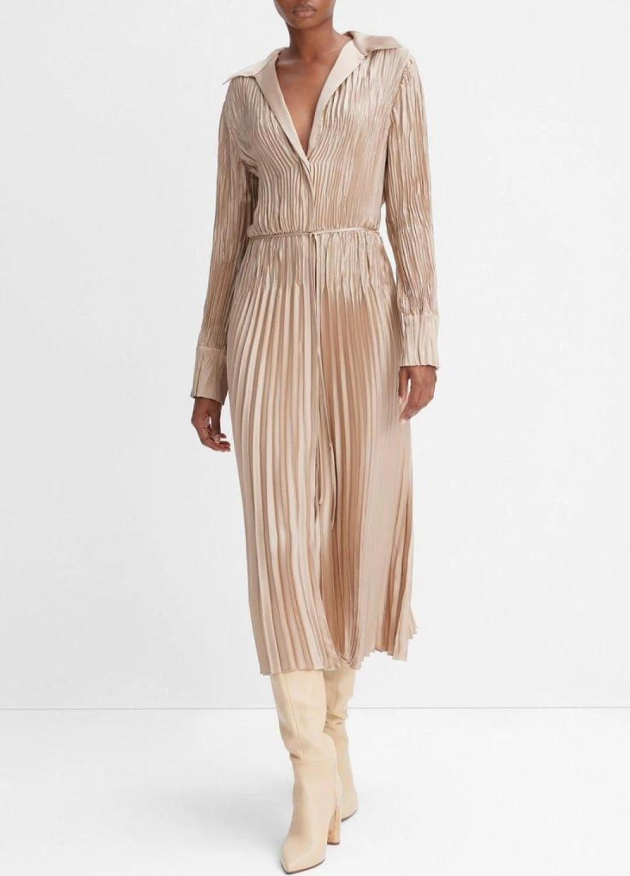 VINCE Pale Nut Pintuck Pleat Shirt Dress - Women's Elegant Casual Wear