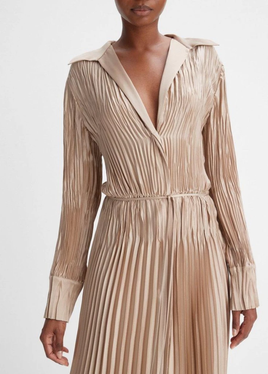 VINCE Pale Nut Pintuck Pleat Shirt Dress - Women's Elegant Casual Wear
