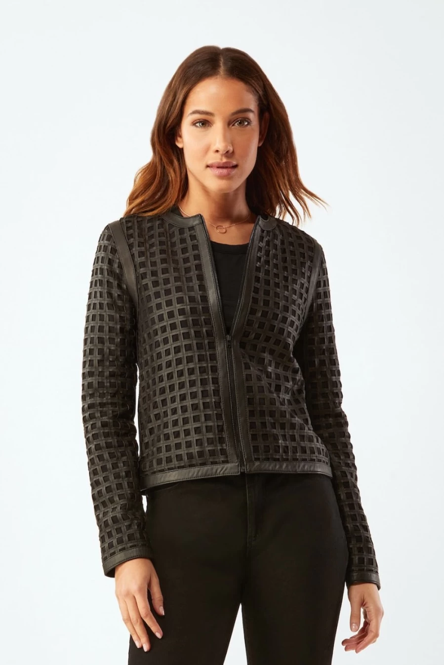 ECRU Black Bonded Grid Leather Zip-Up Jacket - Premium Biker Style Outerwear