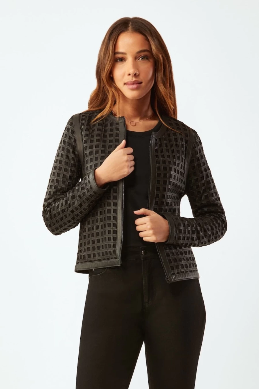 ECRU Black Bonded Grid Leather Zip-Up Jacket - Premium Biker Style Outerwear