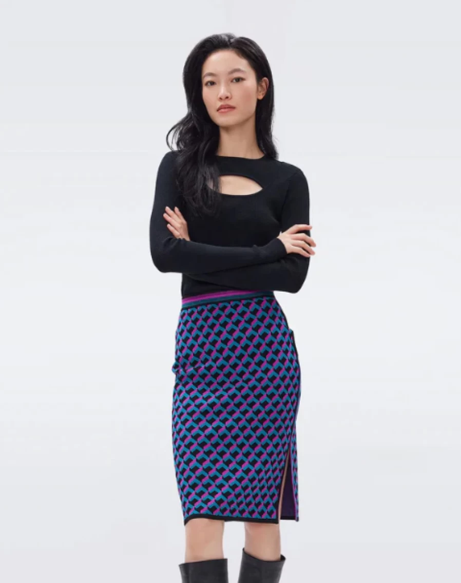 DIANE VON FURSTENBURG Hazel 3D Brick Teal Jacquard Knit Skirt