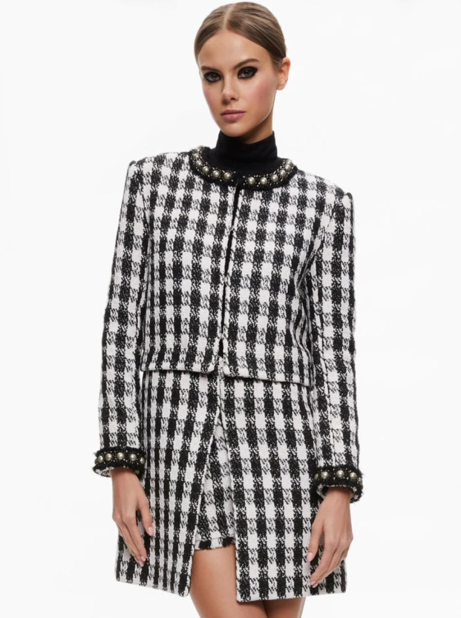 ALICE OLIVIA Deon Black and White Tweed Two-Fer Jacket - Classic Checkered Blazer