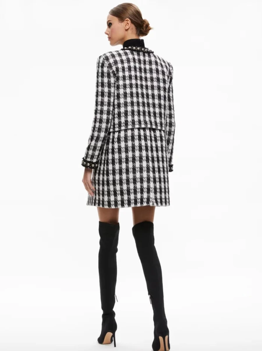 ALICE OLIVIA Deon Black and White Tweed Two-Fer Jacket - Classic Checkered Blazer