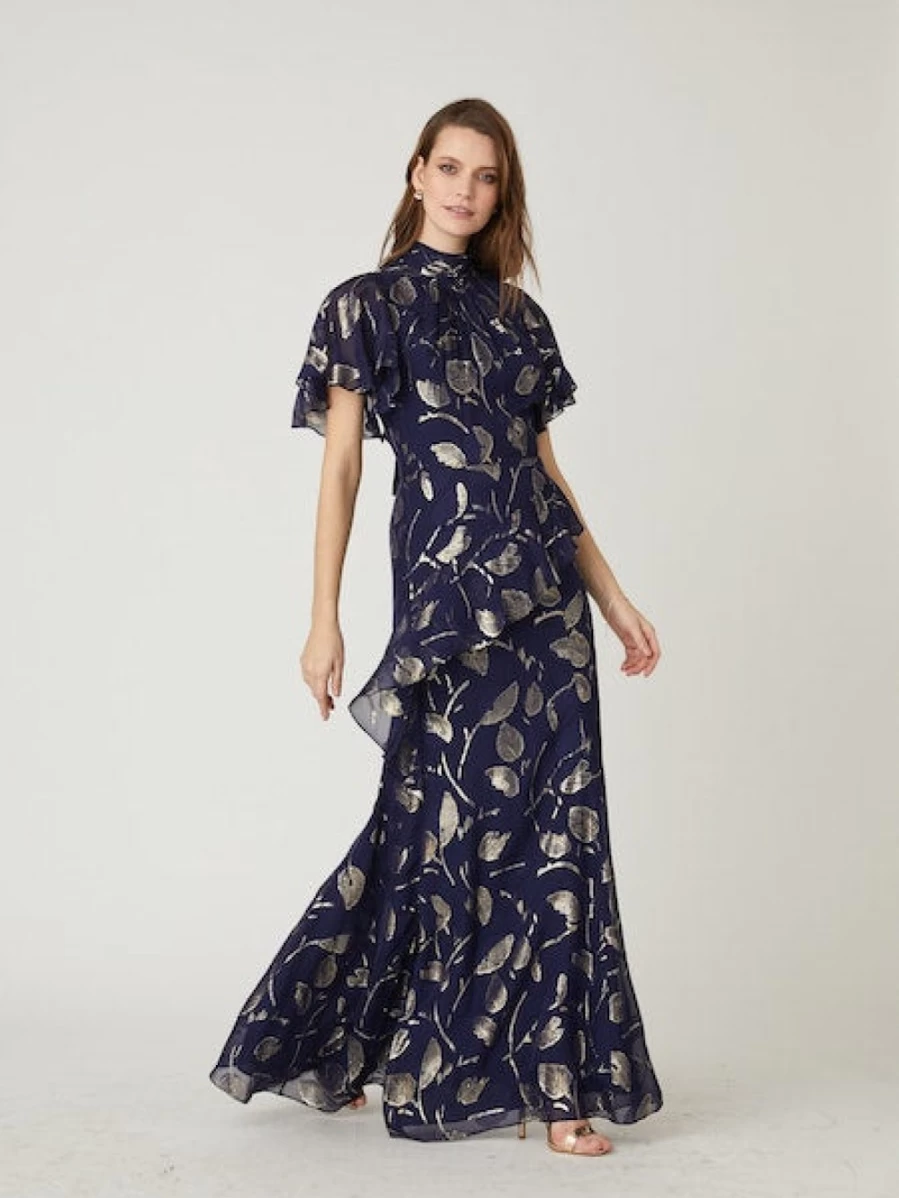 SHOSHANNA Navy & Gold Ellington Floral Print Wrap Dress