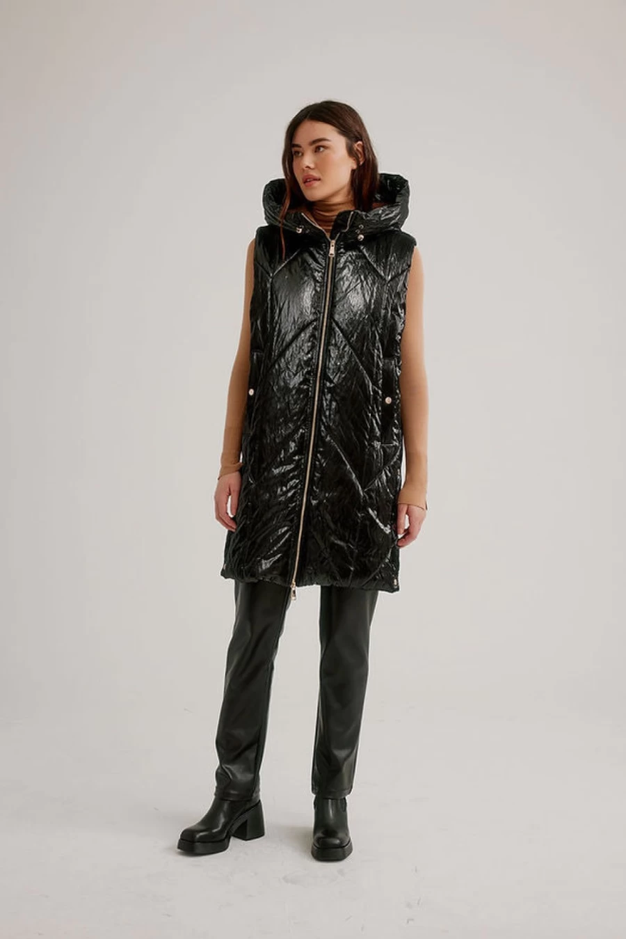 NIKKI JONES Black Quilted Shiny Long Hooded Vest for Women - Stylish Winter Puffer Coat