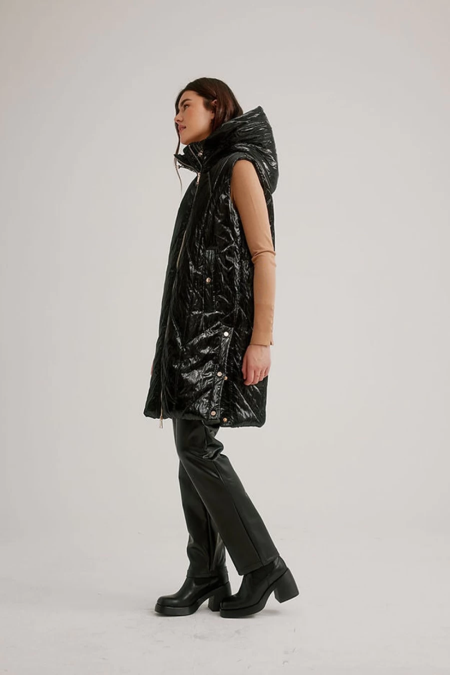 NIKKI JONES Black Quilted Shiny Long Hooded Vest for Women - Stylish Winter Puffer Coat