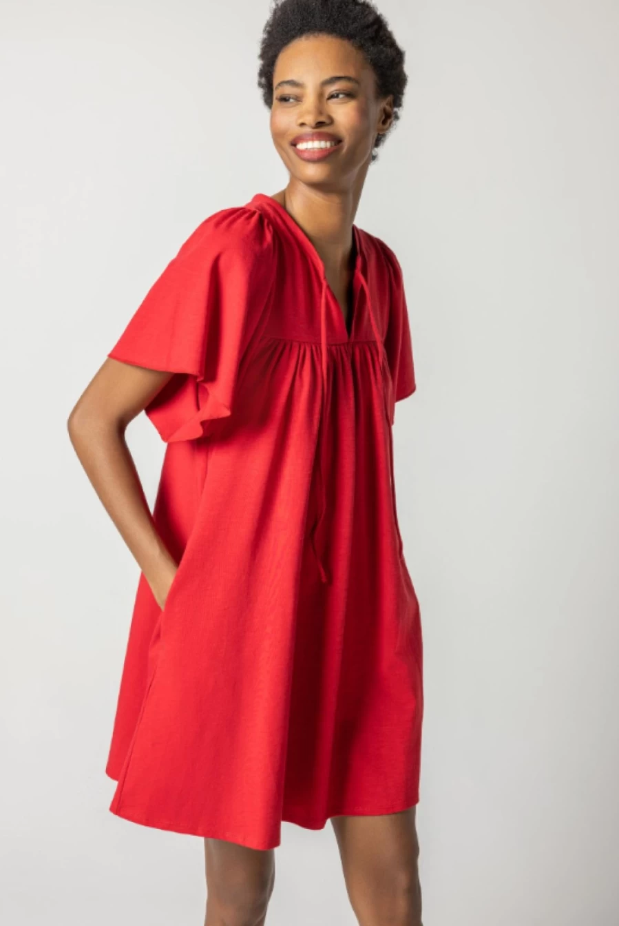 LILLA P Ruby Flutter Sleeve Split Neck Dress - Final Sale