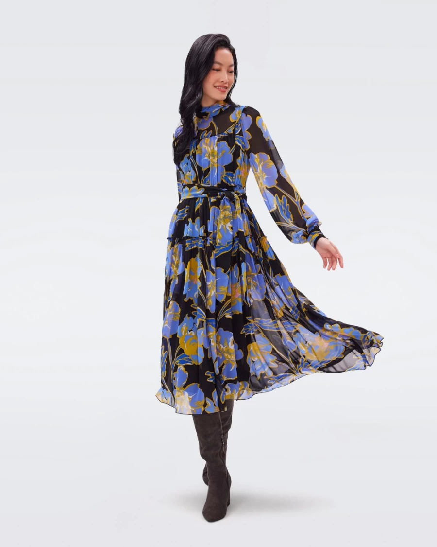 DIANE VON FURSTENBURG Kent Floral Print Dress with Outline Design
