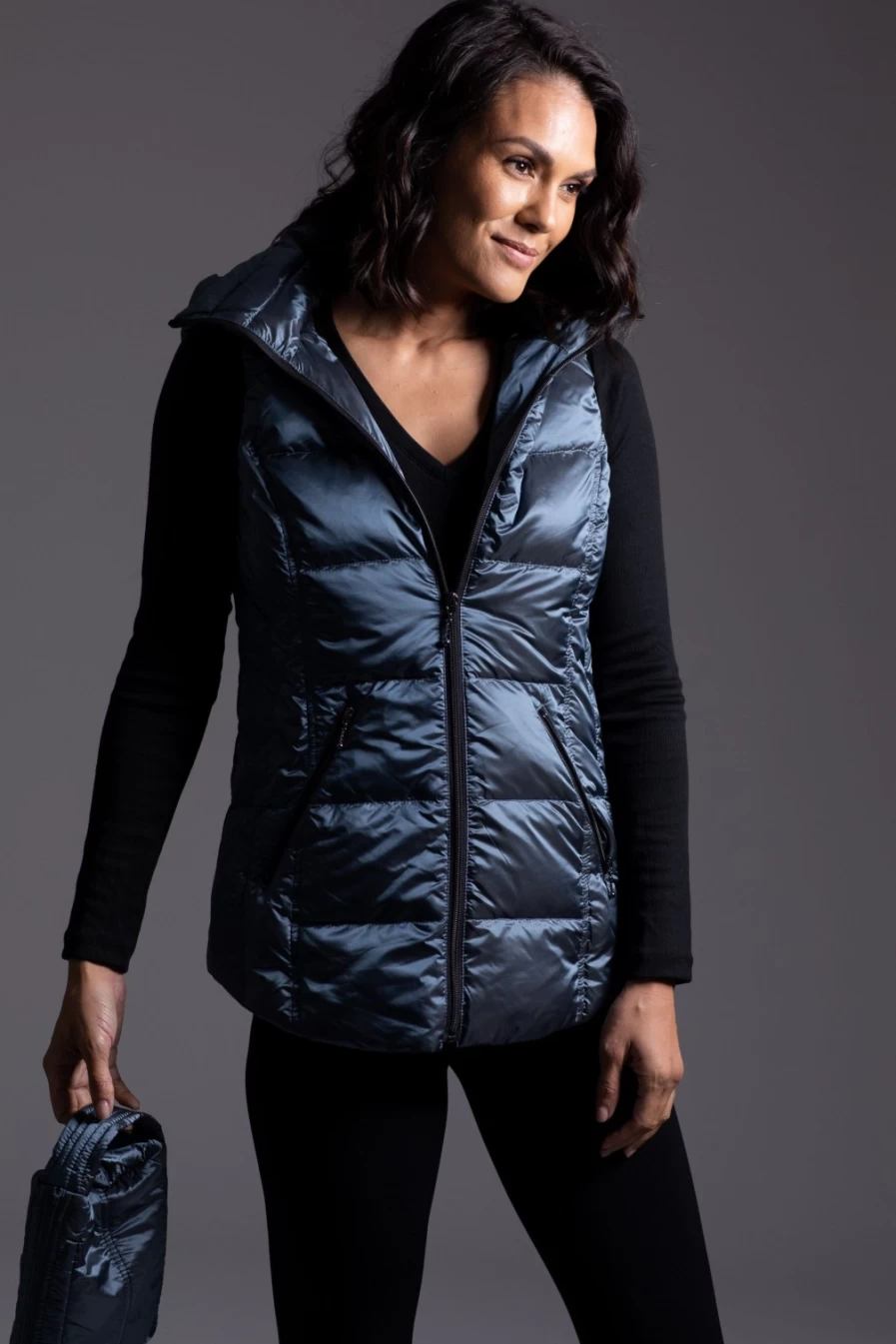 ANORAK China Blue Metallic Short Hooded Down Vest for Men & Women