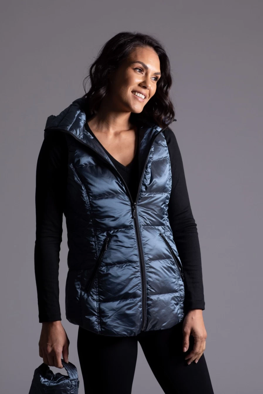ANORAK China Blue Metallic Short Hooded Down Vest for Men & Women