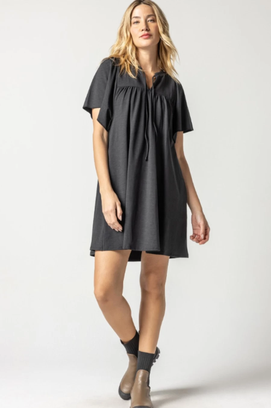 LILLA P Black Flutter Sleeve Split Neck Dress - Final Sale