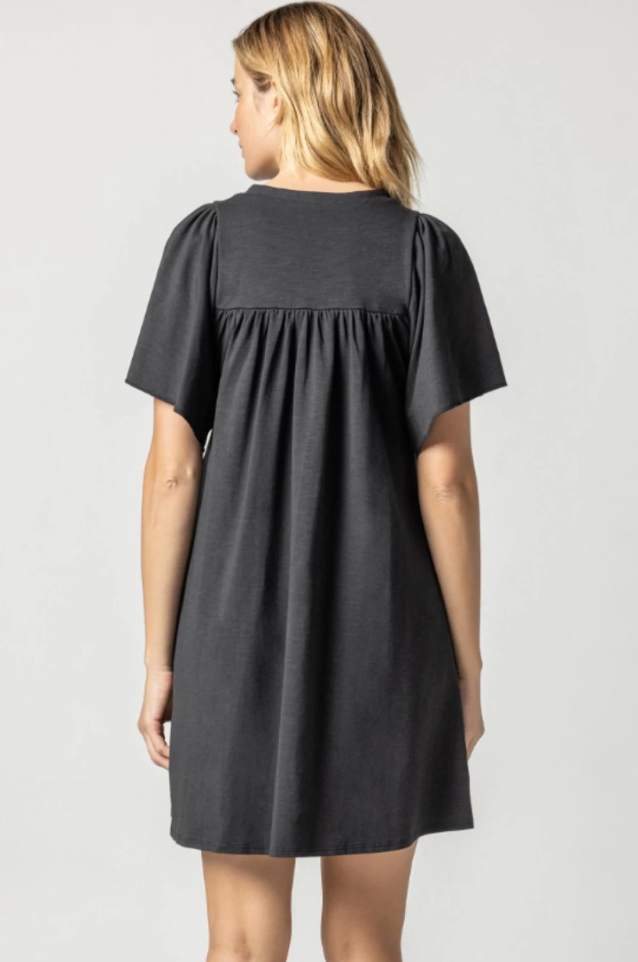 LILLA P Black Flutter Sleeve Split Neck Dress - Final Sale